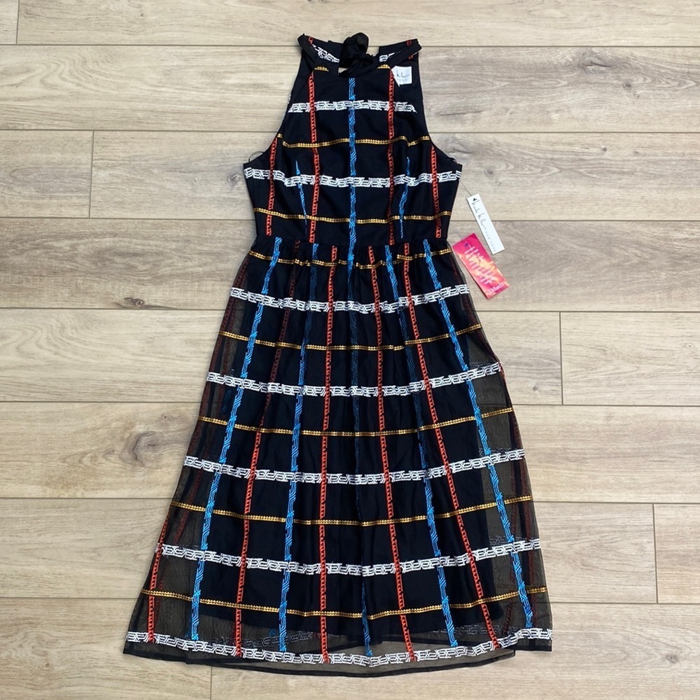 NWT Nicole‎ Miller Black Midi Dress Embroidered Mesh Plaid Twee